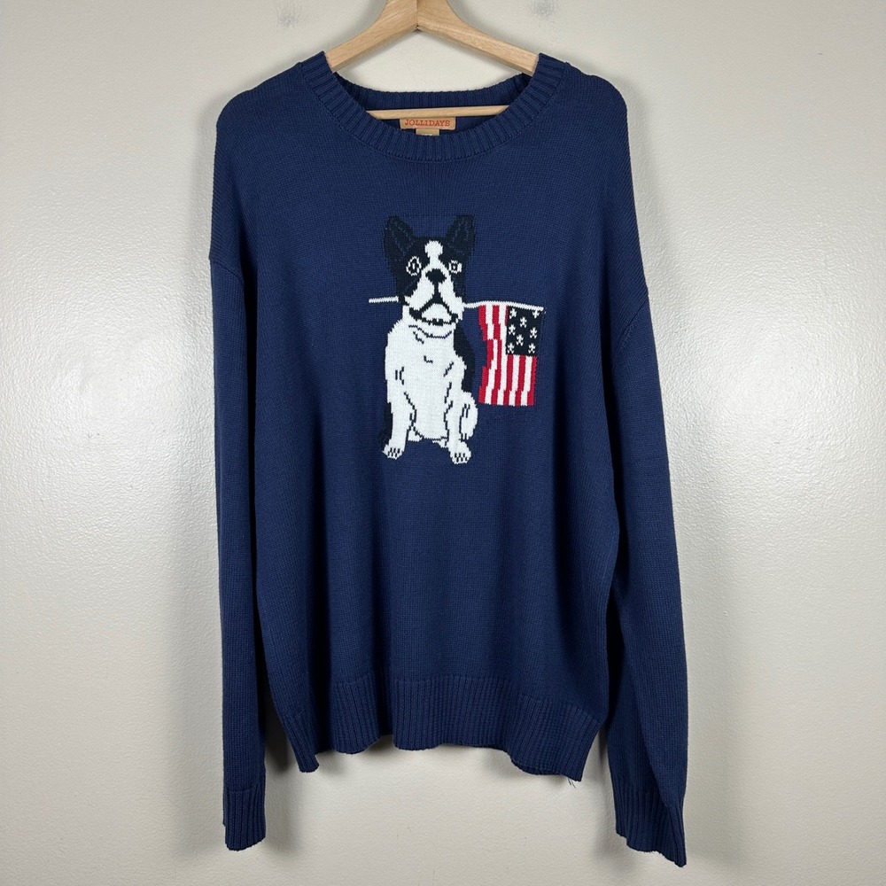 Jollidays Men's XL Sweater Navy Patriotic French Bulldog American Flag NEW